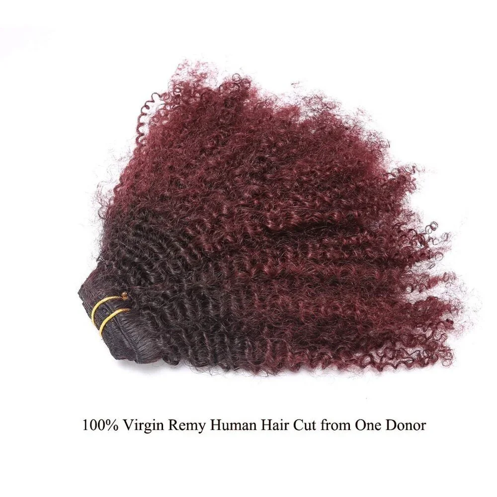 Human Hair Curly Clip Ins Afro Kinky Curly 10in Ombre Black to Red